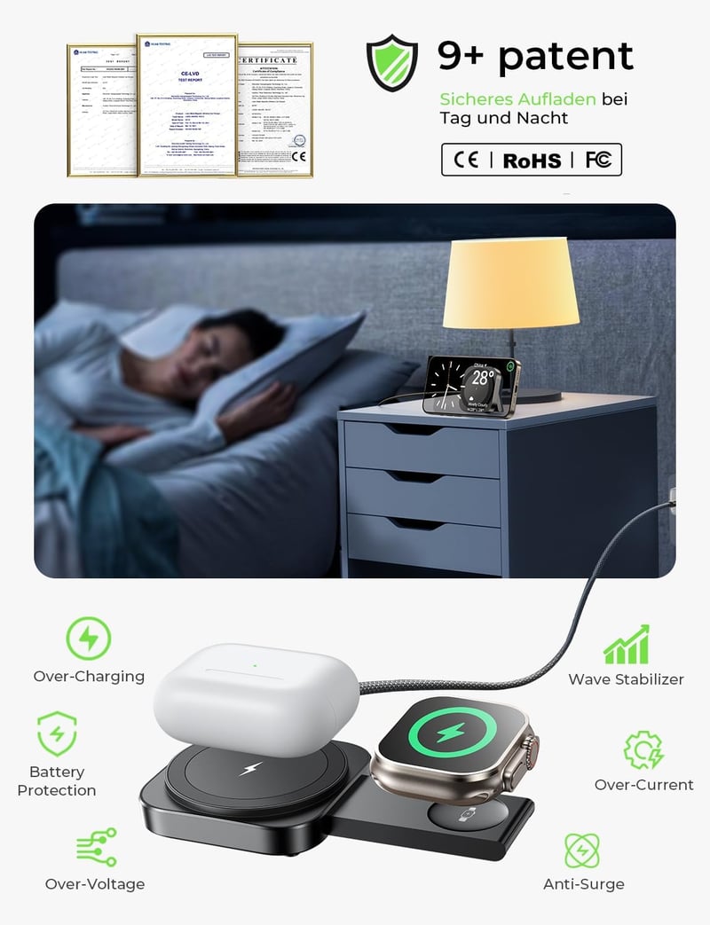 LISEN MagSafe indukciós töltőállomás iPhone, Apple Watch és AirPods készülékekhez - hordozható, utazáshoz