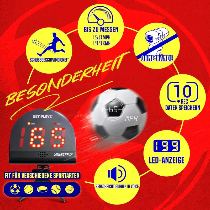 NET PLAYZ Futball Radar Sebességmérő - Edzőfelszerelés Sebességérzékelővel, Állítható Szögű Sporteszköz Futball, Golf, Baseball és Más Sport - Black, M