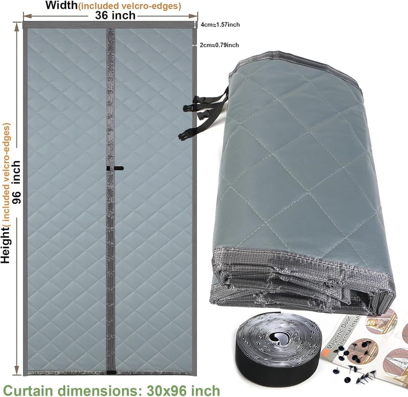 Risareyi Mágneses Hőszigetelő Ajtófüggöny, 140*200 cm, Szürke PU Bőr, Meleg és Hideg Elleni Védelem