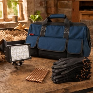 Set atelier pentru tată: 10x electrozi + proiector LED 45W + geantă scule + 12 perechi mănuși