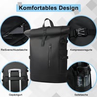 hk Rolltop Vízálló Hátizsák 27L - 15,6" Laptoptartóval, USB Porttal - Könnyű, Lopásbiztos Utazó/Iskolatáska Férfiaknak és Nőknek - Fekete 12