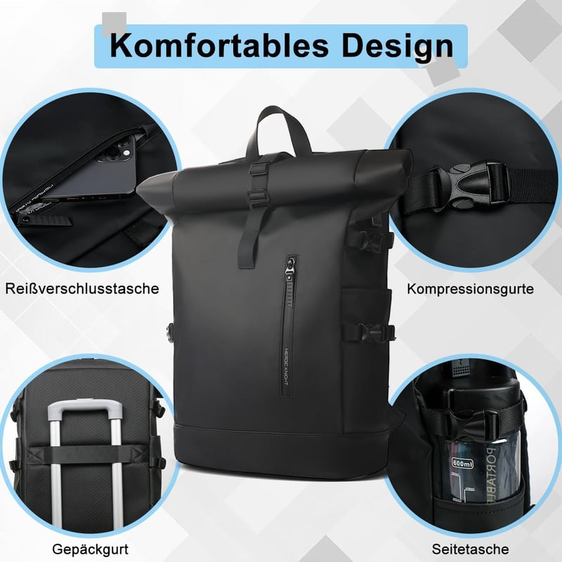 hk Rolltop Vízálló Hátizsák 27L - 15,6" Laptoptartóval, USB Porttal - Könnyű, Lopásbiztos Utazó/Iskolatáska Férfiaknak és Nőknek - Fekete