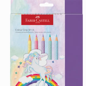 Faber-Castell Colour Grip set bojica Unicorn Special Edition — 5 kom (nepotpun set, original), vodotopive, pastelne svjetlucave bojice, s naljepnicom