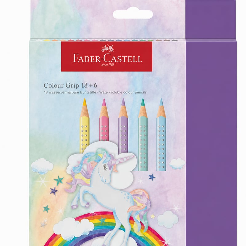 Sada farebných ceruziek Faber-Castell Colour Grip Unicorn Special Edition — 5 ks (zvyšková súprava z pôvodnej), vodou rozmyvateľné pastelové trblietavé ceruzky, s nálepkou
