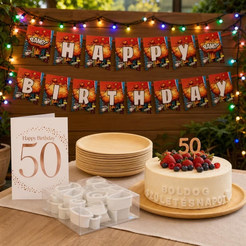 Set Petrecere Aniversară: ghirlandă + felicitare + 50 farfurii + 26 decupatoare + 240 LED-uri