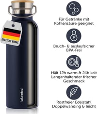 Blumtal Termosz 750ml - Dupla Falú Rozsdamentes Acél Kulacs Teaszűrővel - Hőszigetelt BPA-mentes Ivópalack Sportfedéllel és Neoprén Tartóval 3