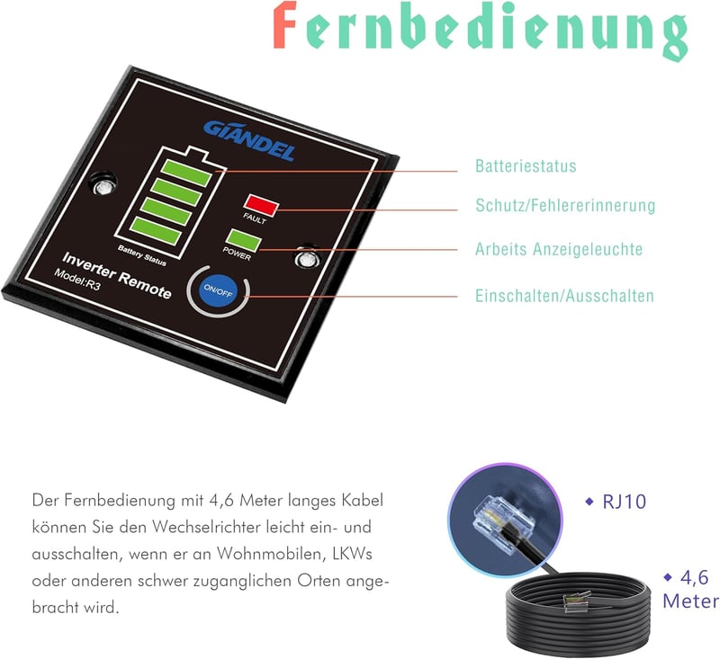 GIANDEL 1500W Színuszos Inverter 12V-230V Feszültségátalakító Távirányítóval és USB Portokkal Lakóautóhoz, Teherautóhoz és Személygépkocsiho