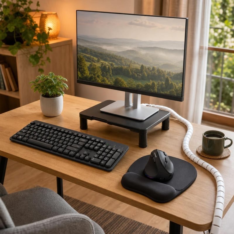 Ergonomski uredski set: bežična tipkovnica + miš za ljevake + podloga + stalak + organizator kabela