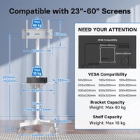 BONTEC Mobil TV Állvány Kerekekkel 23-60" Képernyőkhöz - Állítható Magasságú, Hordozható TV Kocsi Tálcával, 40kg Teherbírás, VESA 400x400mm, 6