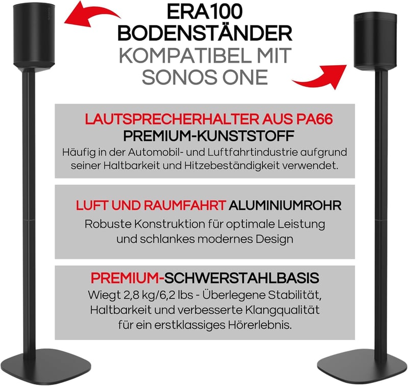 Sound bass Állvány Szett Sonos ERA 100, Sonos One és Play 1 Hangszórókhoz - Fekete Padlóállvány Pár Kábelvezetővel, 93,5 cm Magasság, Univer