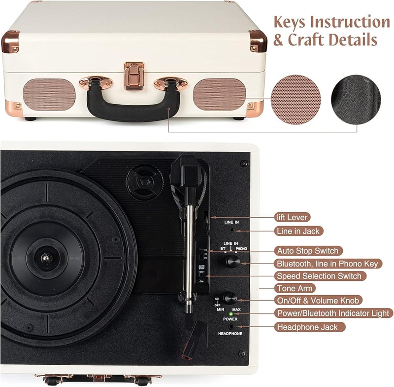 Hordozható Bluetooth lemezjátszó 3 sebességgel, beépített hangszórókkal - Bőrönd stílusú vinyl lejátszó