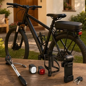 Cyklistický balík: pumpa + 2x USB svetlá + držiak na fľašu + podsedák + skladací zámok