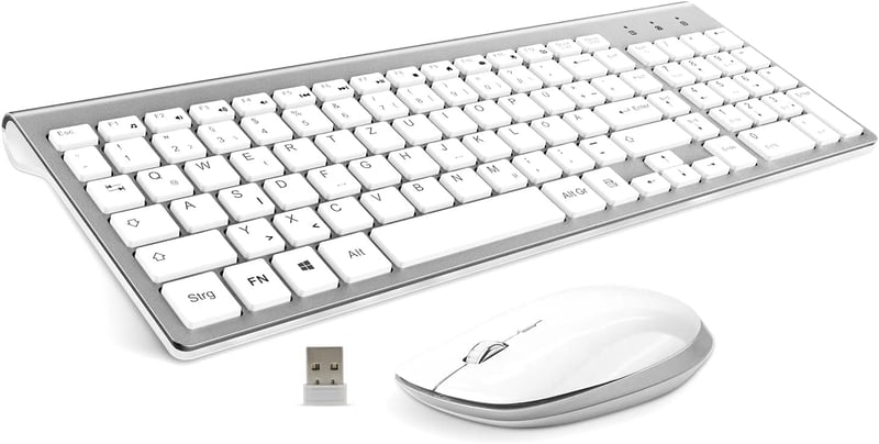 Vezeték nélküli QWERTZ billentyűzet és egér szett - Ergonomikus, vékony, német kiosztású - Fehér-ezüst