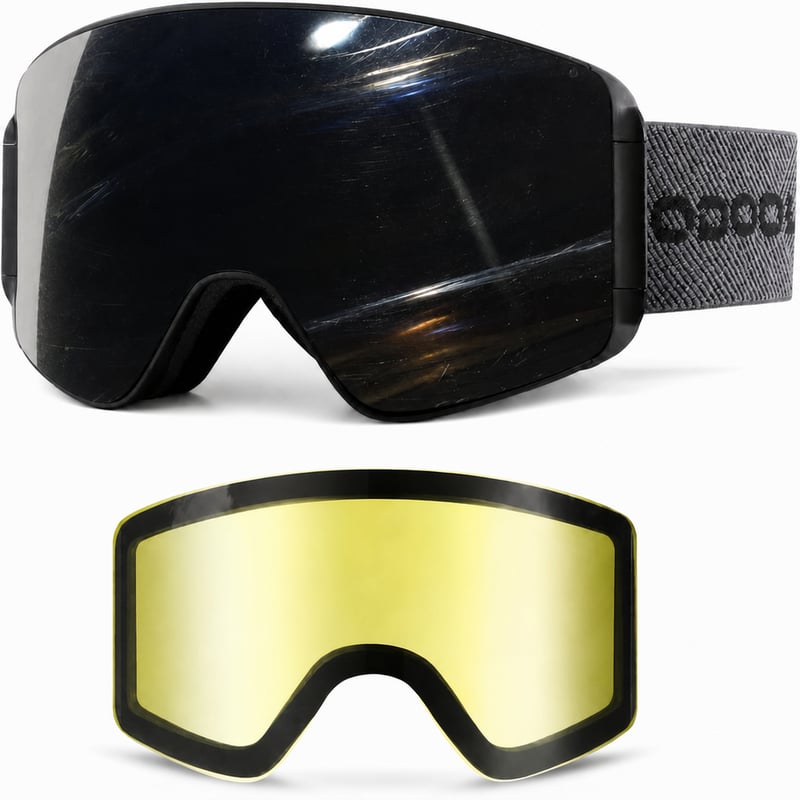 Lyžiarske a snowboardové okuliare Odoland s magnetickými vymeniteľnými sklami, UV ochranou a úpravou proti zahmlievaniu, strieborné — poškriabané (stav: pozri 2. obrázok)