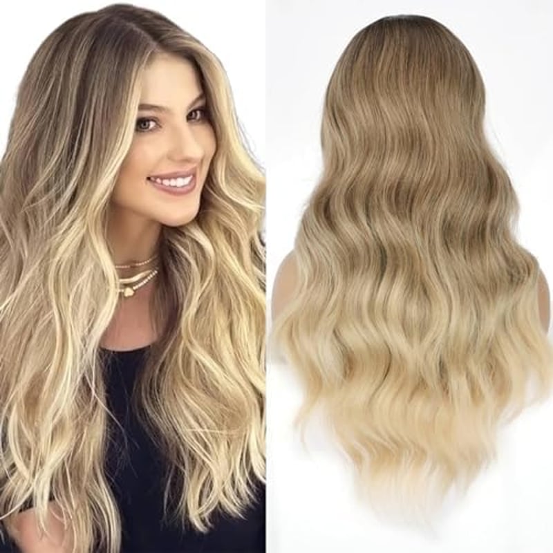 Ombre barna-szőke hosszú hullámos paróka sötét tővel, 66 cm