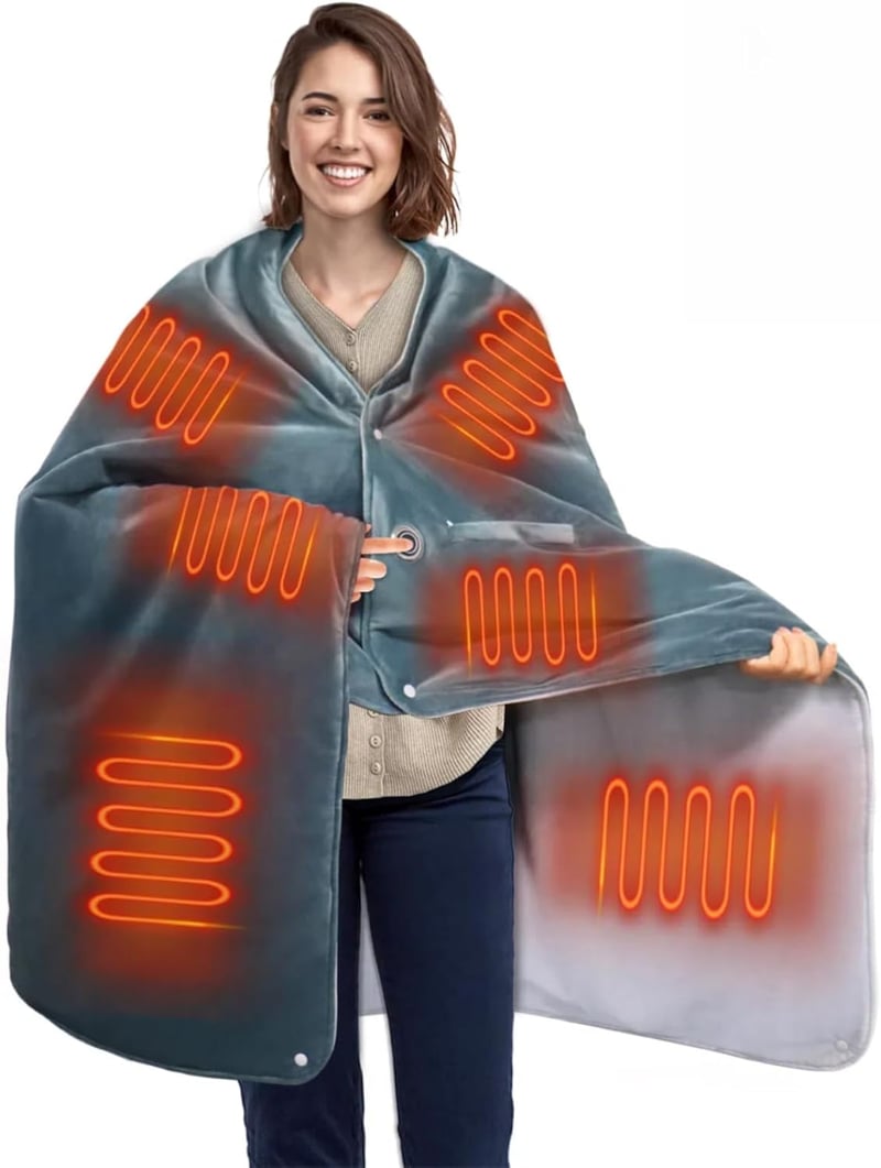 fisca Hordozható Elektromos Takaró 10000 mAh Powerbank-kal - Puha Plüss Melegítő Takaró 3 Hőfokozattal, 150x90 cm, Otthoni, Irodai és Kültér