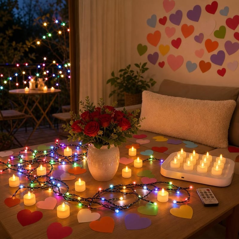 Szívvarázs Valentin-dekor: 80 db szívkivágás + 12 db távirányítós mécses + 21 m fényfüzér + bézs huzat