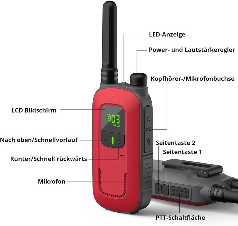 Radioddity gyerek walkie-talkie szett, 16 csatornás, 4km hatótávú, lámpával, 2db (piros-kék)