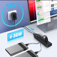 RSHTECH USB 3.0 Hub 10 Port Aktív Alumínium Elosztó 36W Tápegységgel 13
