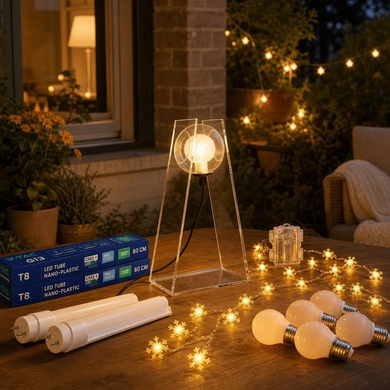 Esti fényvarázs világításcsomag: 2 db LED fénycső + dimmelhető asztali lámpa + elemes fényfüzér + 6 db E27