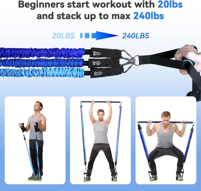 Hommie Pilates rúd szett ellenálló gumikkal, 3 erősségű (20-30-40 LB), unisex