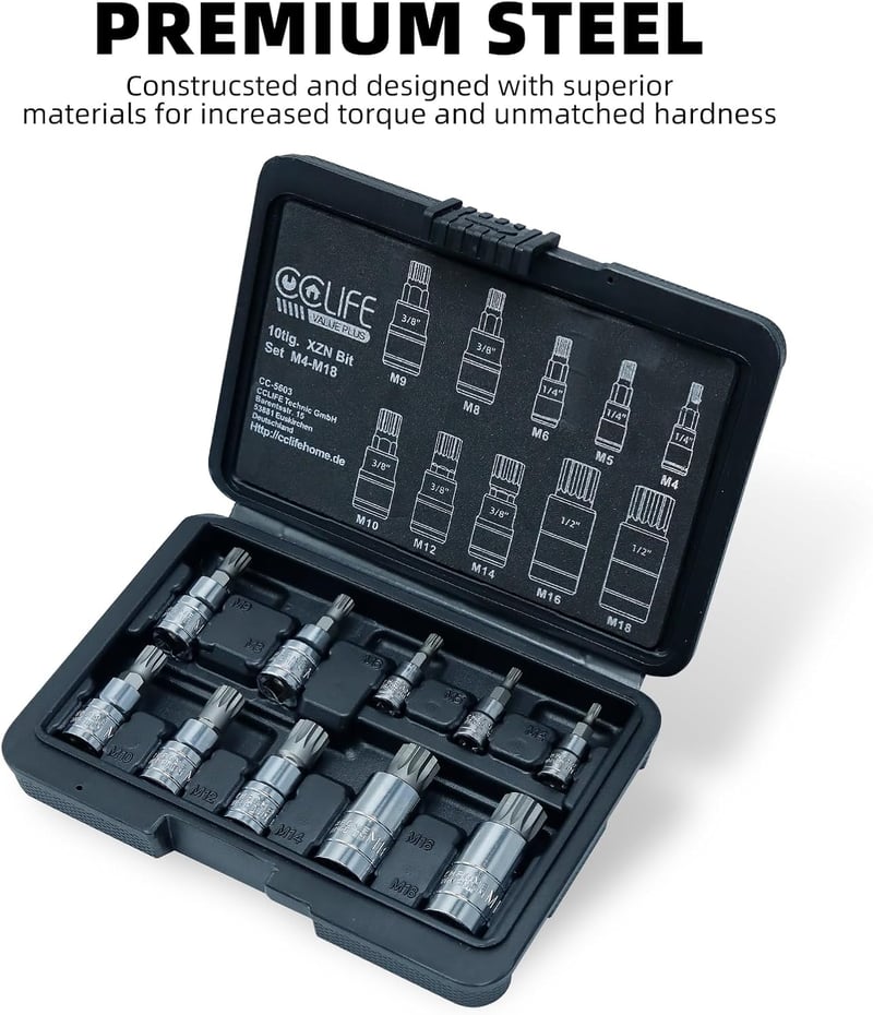 CCLIFE 10 részes Multi-Tooth XZN dugókulcs készlet M4-M18 méretben, S2 acél, króm bevonatú, Torx csavarokhoz, 1/4", 3/8", 1/2" befogással
