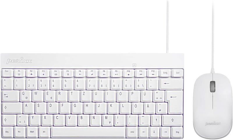 Perixx PERIDUO-212 Kompakt Mini Billentyűzet és Egér Szett, USB Kábeles, Német Kiosztás, Fehér, 1000 DPI, Windows Kompatibilis