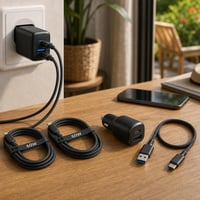 Utazó töltőmentő: 2 db 30 W USB-C gyorstöltő + 1,5 m kábel + 1 m USB-C kábel + dupla autós töltő 1
