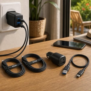 Putni set za punjenje: 2x 30W USB-C punjač + 1,5m kabel + 1m USB-C kabel + auto punjač