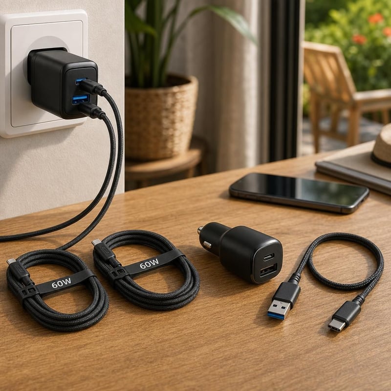 Utazó töltőmentő: 2 db 30 W USB-C gyorstöltő + 1,5 m kábel + 1 m USB-C kábel + dupla autós töltő