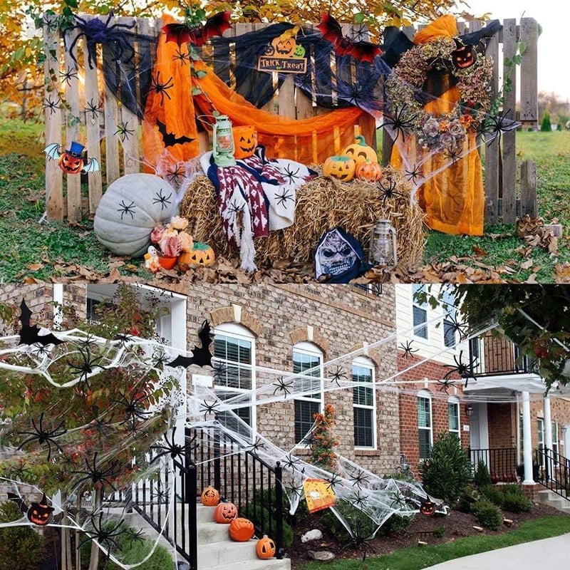 Óriás Halloween Szett: Pókháló, 60 Pók és 24 Denevér - Ijesztő Dekoráció