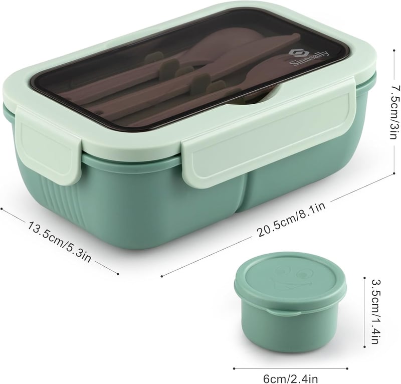Sinnsally 1250ml Ételhordó Osztott Rekeszekkel és Evőeszközzel - Green