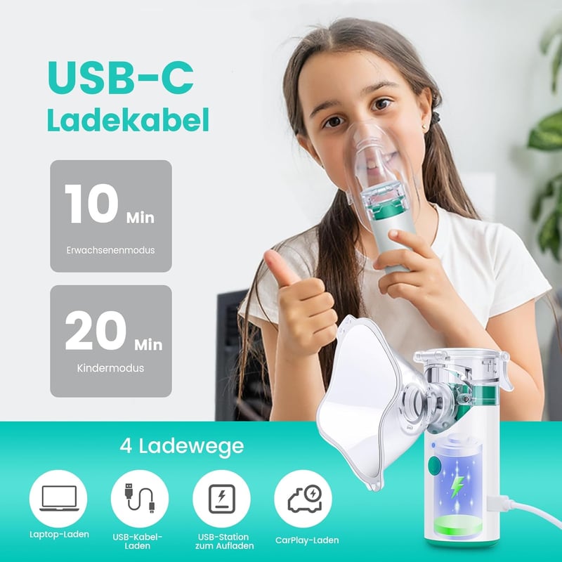 HITHINKMED Tölthető Ultrahangos Inhalátor - Felnőtt és Gyermek Porlasztó Készülék, Két Maszkkal és Szájrésszel, Zöld