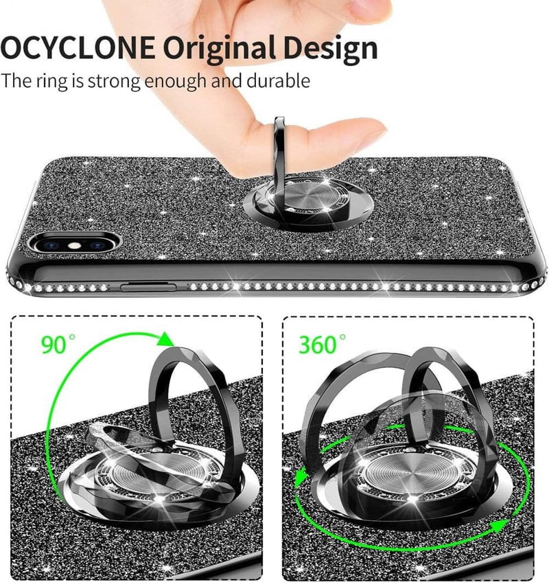 Apple iPhone X/XS Csillogó Fekete Gyűrűs Védőtok Glitterrel
