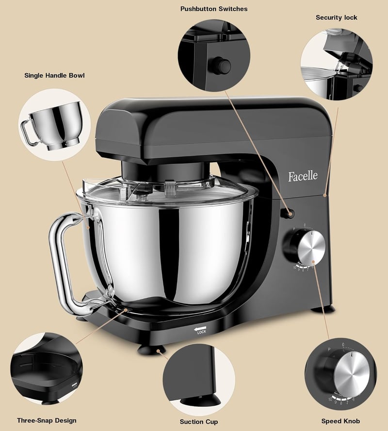 Facelle 1300W Professzionális Robotgép 10 Sebességgel, 5,5L Inox Tállal, Fekete