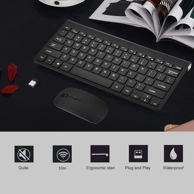 Ergonomikus vezeték nélküli billentyűzet és egér szett - Vízálló, újratölthető, csendes, fekete - PC, laptop, Smart TV