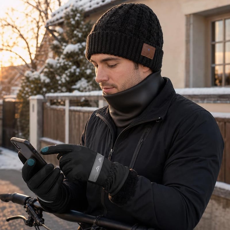Zimný cyklistický balíček: 1x rukavice + 1x bluetooth čiapka + 1x neoprénový nákrčník