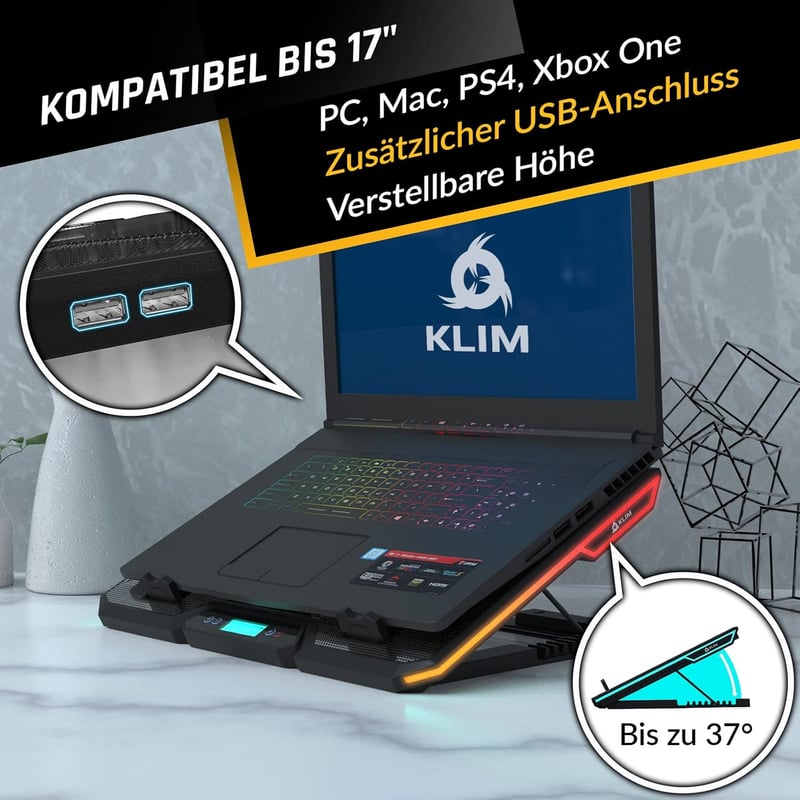 KLIM Glacier Laptop Hűtő - 6 Ventilátoros RGB Háttérvilágítással - 11-17 Colos Laptopokhoz - Stabil és Csendes Gamer Hűtőpad - USB Tápellátá