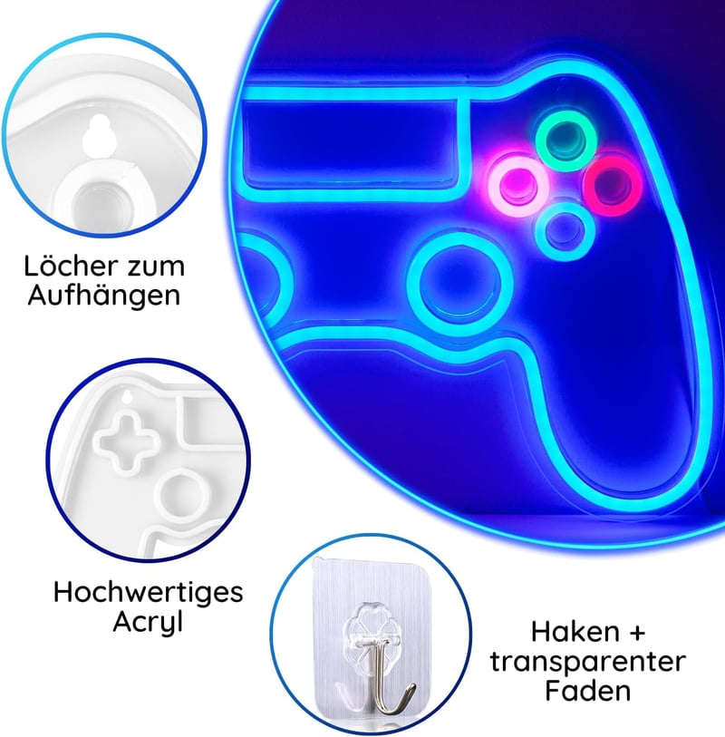 NELUX Gamer Kontroller Neon LED Világítás - Fali Dekoráció Játékszobába, USB Csatlakozás, Fényerőszabályzó, 41x26,5 cm