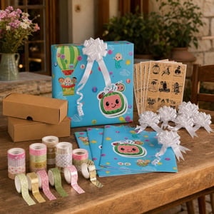 Set za zamatanje poklona: 2x mašne + 2x naljepnice + papir + 20x kraft kutija + washi trake