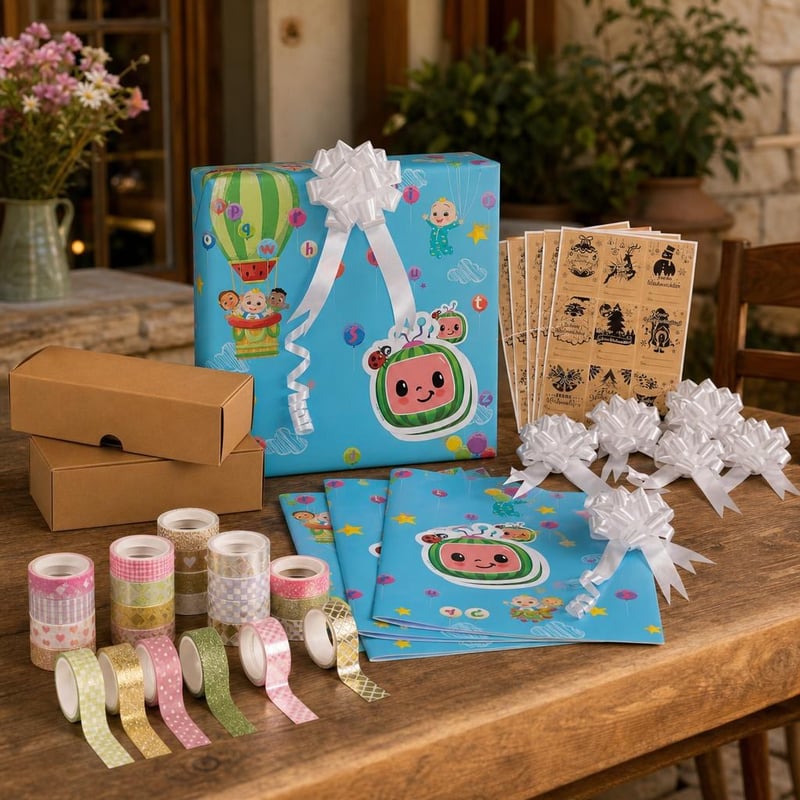 Set za zamatanje poklona: 2x mašne + 2x naljepnice + papir + 20x kraft kutija + washi trake