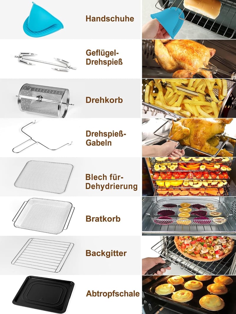 MICHELANGELO 14,5L Digitális Forrólevegős Sütő 1700W - Olaj Nélküli Légkeveréses Fritőz 16 Programmal, Forgónyárssal és Aszalóval, 8 Kiegész