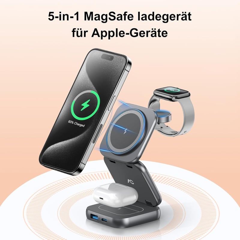 AC Island 5 az 1-ben MagSafe Kompatibilis iPhone Töltőállomás - Összecsukható Utazási Töltő iPhone 16/15/14/13/12, AirPods Pro, Apple Watch 