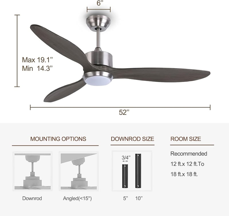 Ovlaim 132 cm Okos Mennyezeti Ventilátor Távirányítóval - Fa Lapátok, 6 Sebesség, App/Alexa Vezérlés, LED Világítás, Csendes DC Motor, Szürk