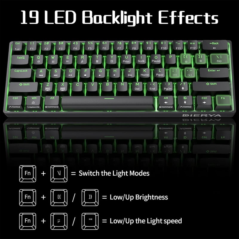 Dierya DK61se Mechanikus Gamer Billentyűzet, 60% Kompakt, 61 Gombos, Kék Kapcsolós, Anti-Ghosting, USB-C, Kék Háttérvilágítás, Windows Kompa