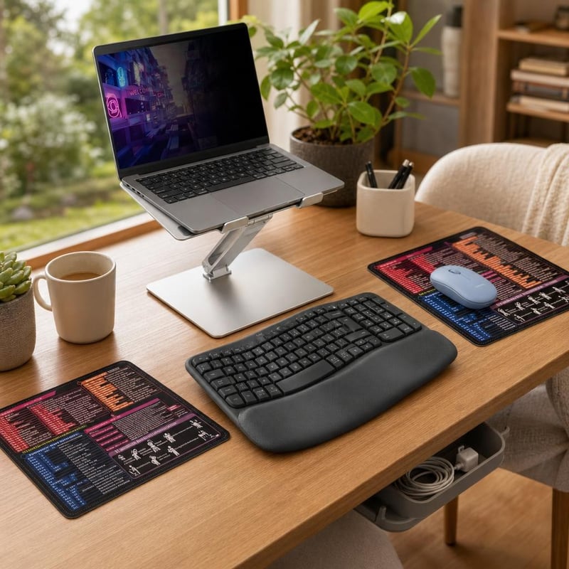 Munkasarok-varázs: 13,3" szűrő + billentyűzet + egér + 2 db egérpad + laptopállvány + kábelrendező tálca