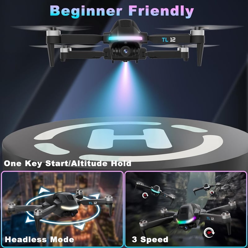 Tolatoyus TL12 Kezdő Drón 1080p HD Kamerával, WiFi FPV Élő Képátvitellel, Kefenélküli Motorral, LED Világítással, 3 Sebességfokozattal