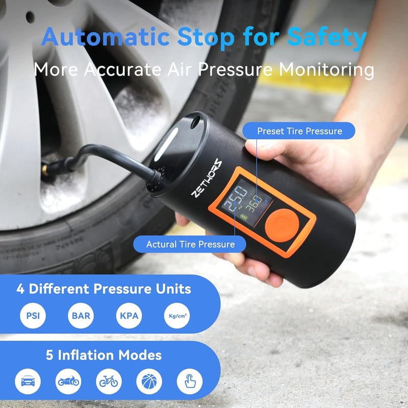 ZETHORS 150 PSI elektromos kerékpárpumpa, LED-es, 6000mAh-s akkumulátorral, autókhoz, biciklikhez