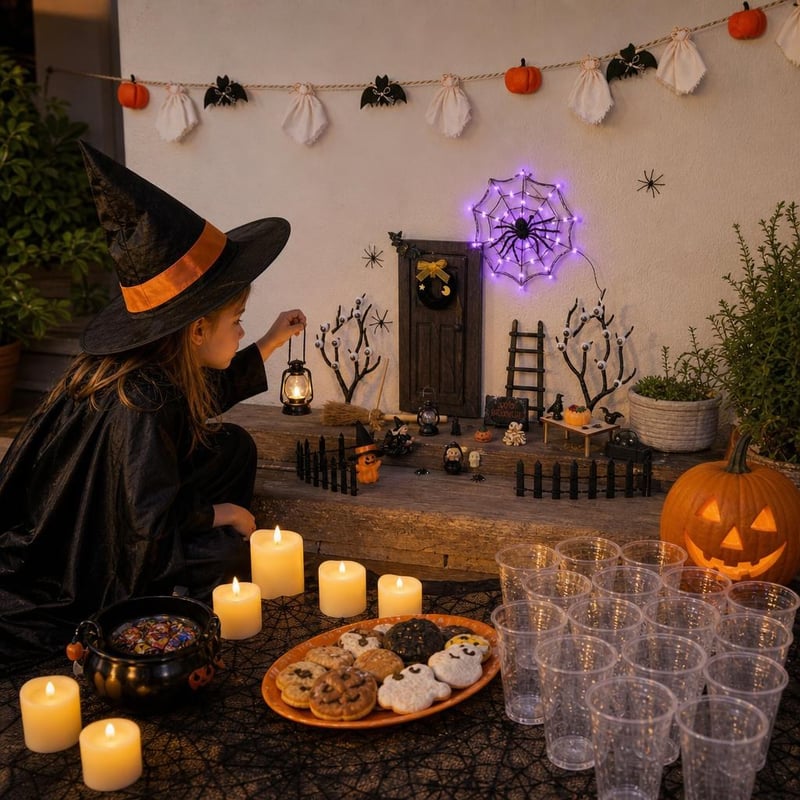 Kísérteties Halloween-party: törpeajtó-dekor + 80 LED-es pókhálófény + szellem-tök füzér + varázslóköpeny