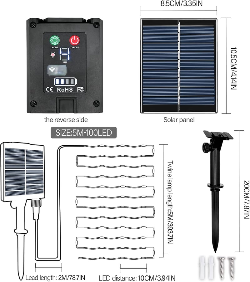 MEDOYOH 5m Napelemes Kender Kötél Fényfüzér 100 LED - 8 Világítási Mód, Fényerőszabályzás, Időzítő, IP67 Vízálló Kerti Dekoráció